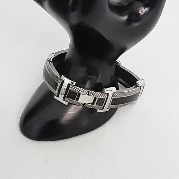 Heavy Duty Steel Bracelet And Black Long Panel Links Fold Over Clasp - Picture 2 of 7